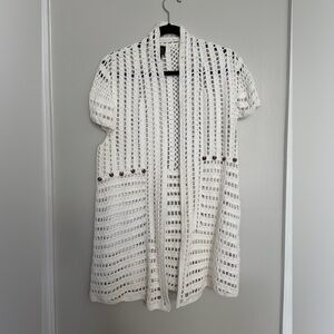 Cream Open-Weave Short-Sleeve Cardigan with Pocket Accents